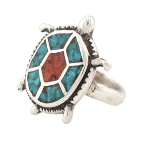 Navajo Sterling Crushed Turquoise Coral Turtle Ring Sz. 4.5, 5.5g