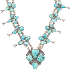 Signed Rody Herrera Sterling Turquoise Squash Blossom Necklace 324g