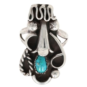 Vintage Navajo Sterling Turquoise Squash Blossom Ring Sz. 8, 8g