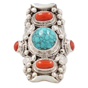 Sterling Coral Turquoise Ring Sz. 7, 19g
