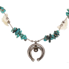 Navajo Sterling Turquoise Mother Of Pearl Fetish Necklace 107g