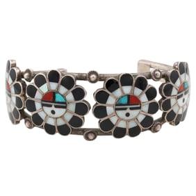 Vintage Zuni Sterling Sunface Inlay Cuff Bracelet 33.5g