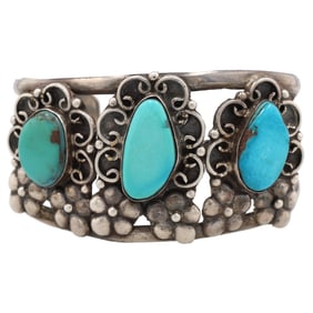 Vintage Sterling Turquoise Flower Cuff Bracelet 46g