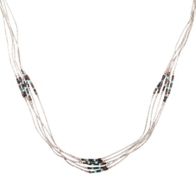 Signed Native American Liquid Silver Turquoise Cowrie Necklace 26g