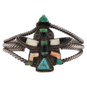 Vintage Zuni Sterling Kachina Inlay Cuff Bracelet 41g