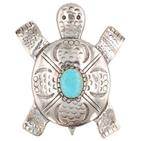 Carol Felley Sterling Turquoise Turtle Brooch Pendant 40g