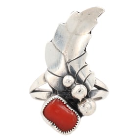 Vintage Navajo Sterling Coral Leaf Ring Sz. 6.5, 6.5g