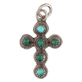 Vintage Zuni Sterling Snake Eye Green Blue Turquoise Cross Pendant 2g