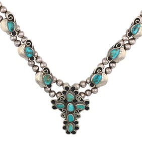 Mexico Turquoise 3-6mm Sterling Pearl Cross Necklace 159g