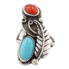Navajo Sterling Coral Turquosie Ring Sz. 5, 5g