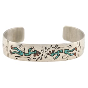 Signed JN Navajo Sterling Crushed Inlay Cuff Bracelet 17.5g