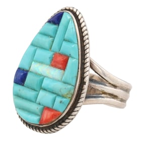 Signed YE Navajo Sterling Cobblestone Inlay Ring Sz. 8.25, 8g