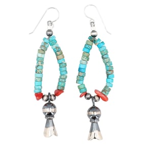 Navajo Sterling Turquoise Coral Squash Blossom Earrings 9g
