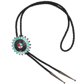 Victoria Unkestine Zuni Sterling Sunface Inlay Bolo Tie 35g