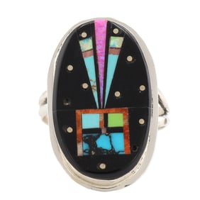 Gilbert Smith Navajo Sterling Kachina Inlay Adjustable Ring 5.5g