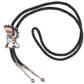 Vintage Zuni Sterling Multi Stone Comanche Figure Inlay Bolo Tie 29.5g