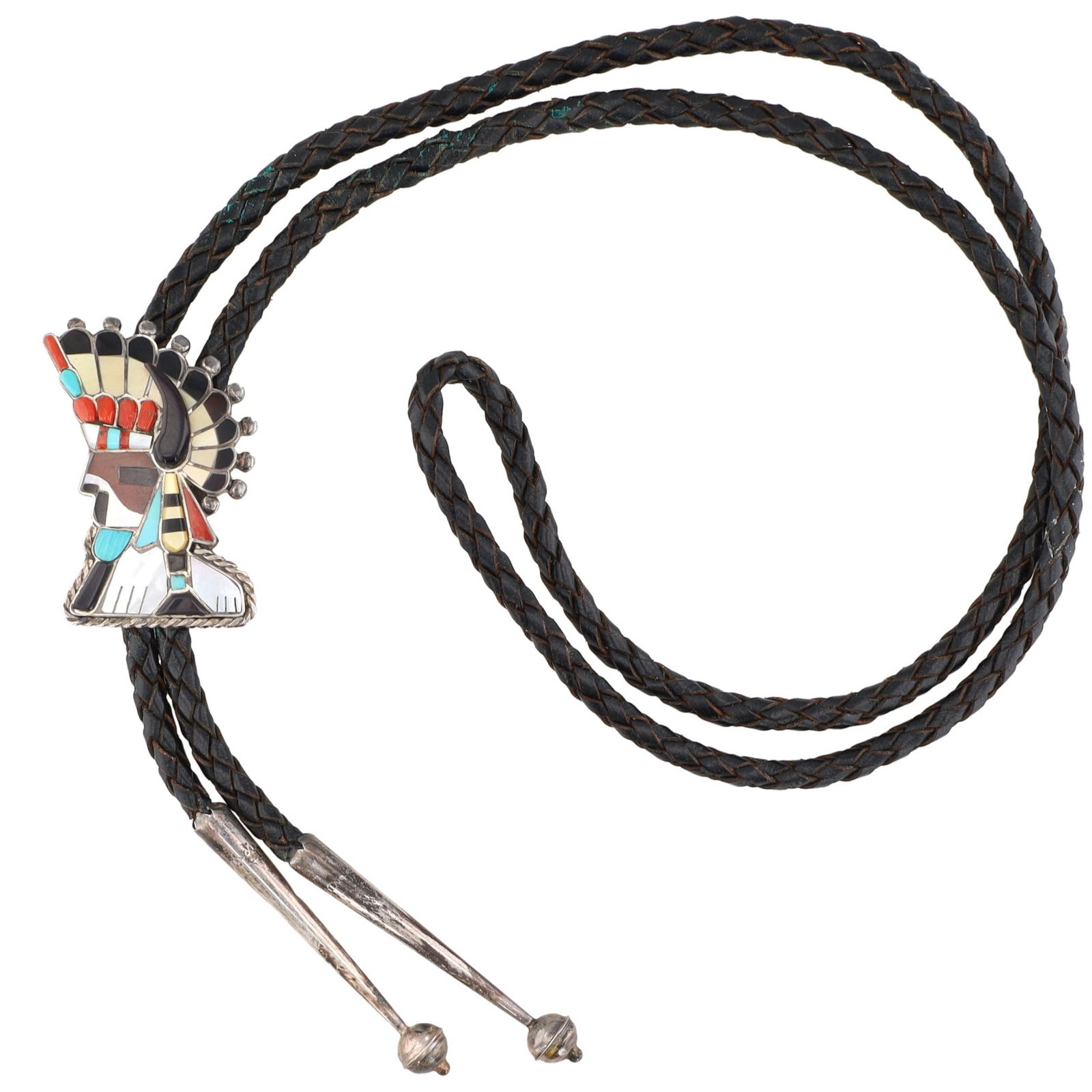 Vintage Zuni Sterling Multi Stone Comanche Figure Inlay Bolo Tie 29.5g (1 of 5)
