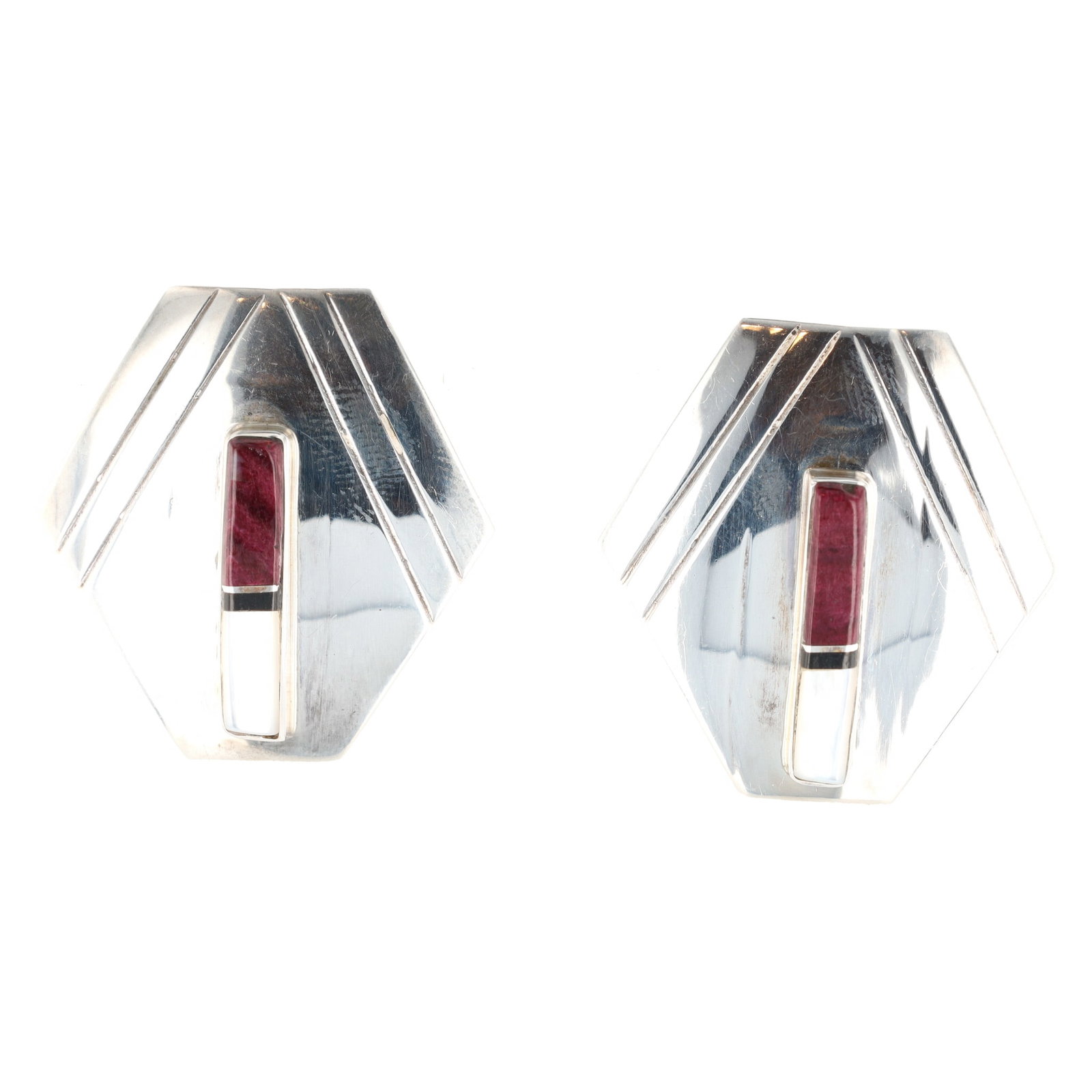 Donald Douglas Navajo Sterling Inlay Earrings: Donald Douglas Navajo Sterling Inlay Earrings 10g-Onyx, Mother of Pearl, Purple Spiny Oyster