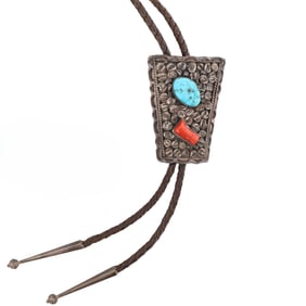 Jerry Johnson Navajo Sterling Coral Turquoise Bolo Tie 53g
