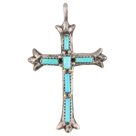 George & Lupe Zuni Pueblo Sterling Turquoise Cross Pendant 9g