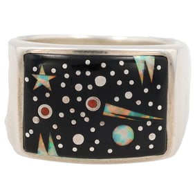 Fred Begay Navajo Sterling Opal Onyx Night Sky Ring Sz. 14, 25g