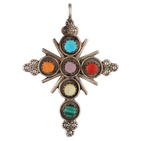 Signed TD Zuni Sterling Multi Stone Cross Pendant 6g