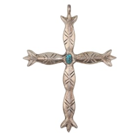 Vintage Navajo Sandcast Sterling Turquoise Cross Pendant 13.5g