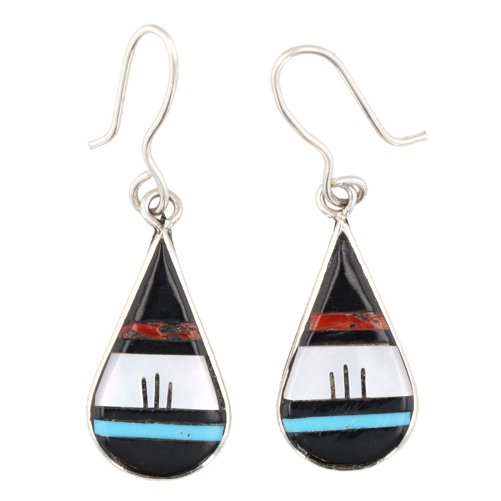 Florenda Lonase Zuni Sterling Inlay Earrings 2.5g: Florenda Lonase Zuni Sterling Inlay Earrings 2.5g-Coral, Turquoise, Onyx, Mother of Pearl