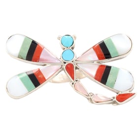 Angus Ahiyite Zuni Multi Stone Sterling Dragonfly Ring Sz. 7, 10g