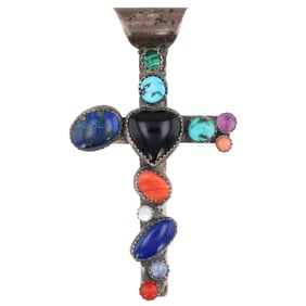 Signed GT Navajo Sterling Multi Stone Cross Pendant 16g