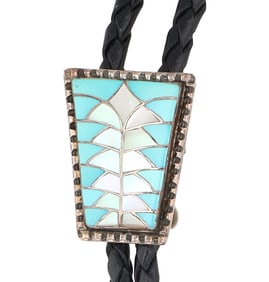 Ed & Pablita Quam Zuni Sterling Inlay Bolo Tie 25g