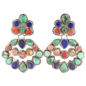 Vintage Navajo Sterling Multi Stone Cluster Earrings 34g