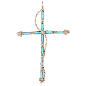 Vintage Zuni Sterling Needlepoint Turquoise Cross Pendant 2.5g