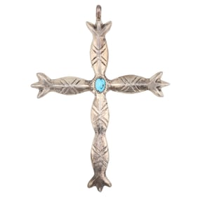 Vintage Navajo Sandcast Sterling Turquoise Cross Pendant 13.5g