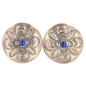 Larry Sandoval Navajo Sterling Lapis Concho Earrings 11g