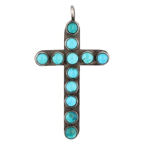Vintage Zuni Sterling Turquoise Cross Pendant 4g