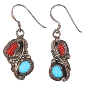 Bernice Bonney Navajo Sterling Turquoise Coral Earrings 5.5g