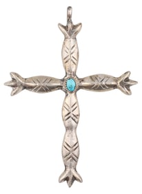 Vintage Navajo Sandcast Sterling Turquoise Cross Pendant 13g