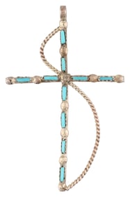 Vintage Zuni Sterling Needlepoint Turquoise Cross Pendant 1g