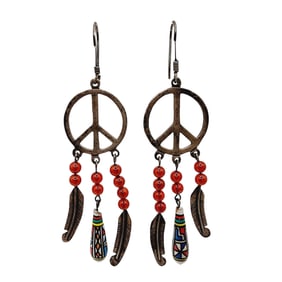 Signed Taxco TF-34 Mexico Vintage Sterling Peace Sign Feather Bead Earrings