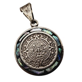 Taxco TG-271 Mexico Vintage Sterling Abalone Aztec Calendar Pendant