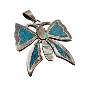 Signed 'CRB' Taxco Mexico Sterling Crushed Turquoise Butterfly Pendant