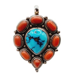 Southwest Sterling Coral Turquoise Pendant