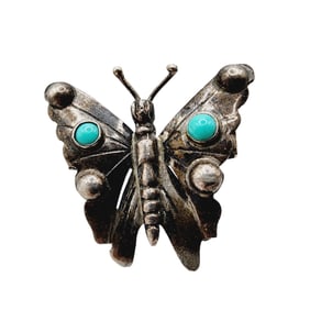 Signed 'MG' Mexico Vintage Sterling Turquoise Butterfly Brooch