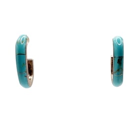 Vintage Mexico Sterling Turquoise Inlay Hoop Earrings