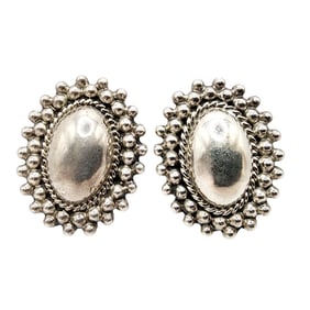 Oversized Taxco Sterling Beaded Oval Earrings