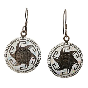 Sterling Opal Inlay Aztec Calendar Earrings