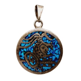 Mexico Sterling Crushed Turquoise Aztec Warrior Pendant