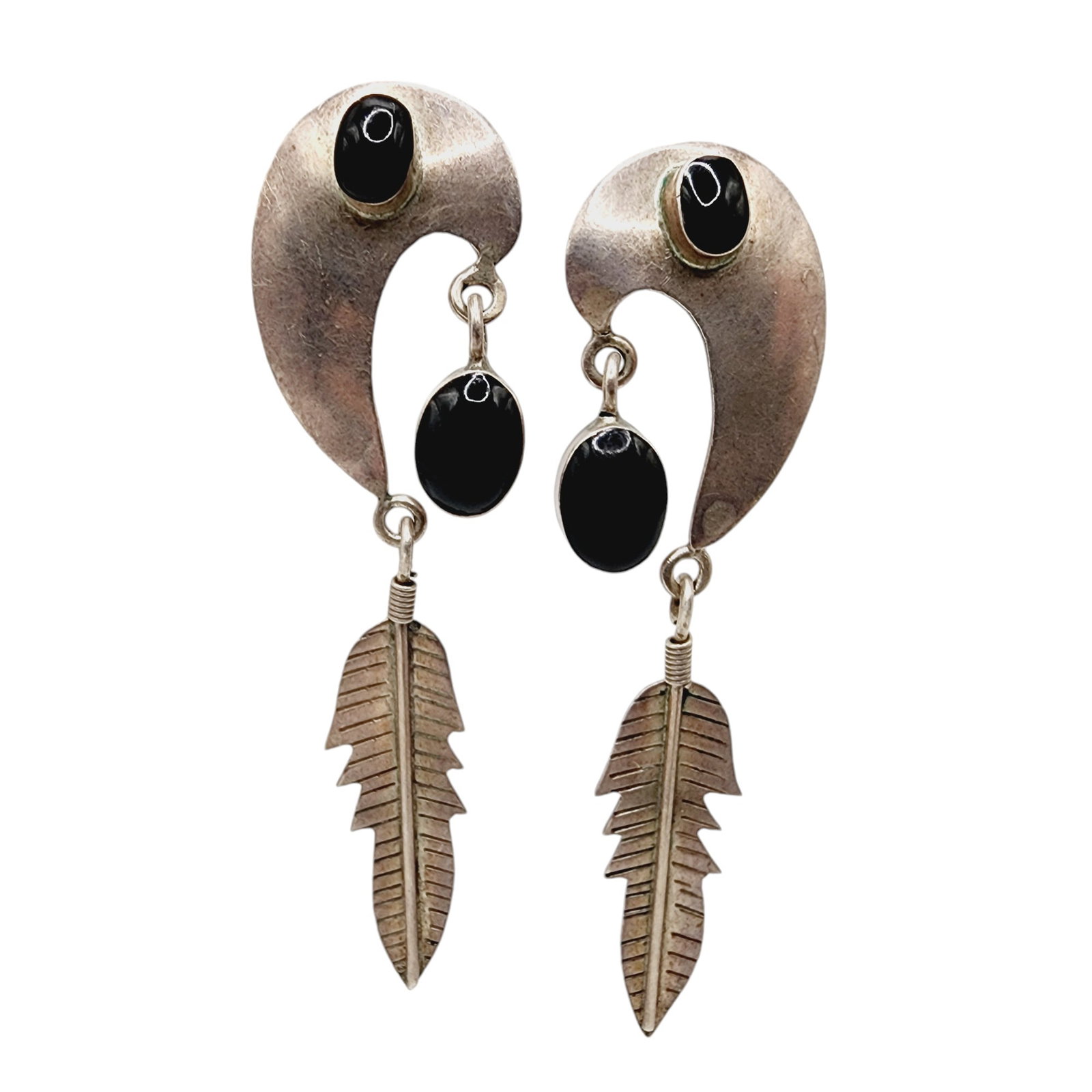 Taxco TD-97 Vintage Sterling Onyx Swoop Feather Earrings: Taxco TD-97 Vintage Sterling Onyx Swoop Feather Earrings 14.5g