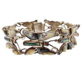 Vintage Eagle 111 Signed 'HFS' Taxco Sterling Abalone Butterfly Bracelet